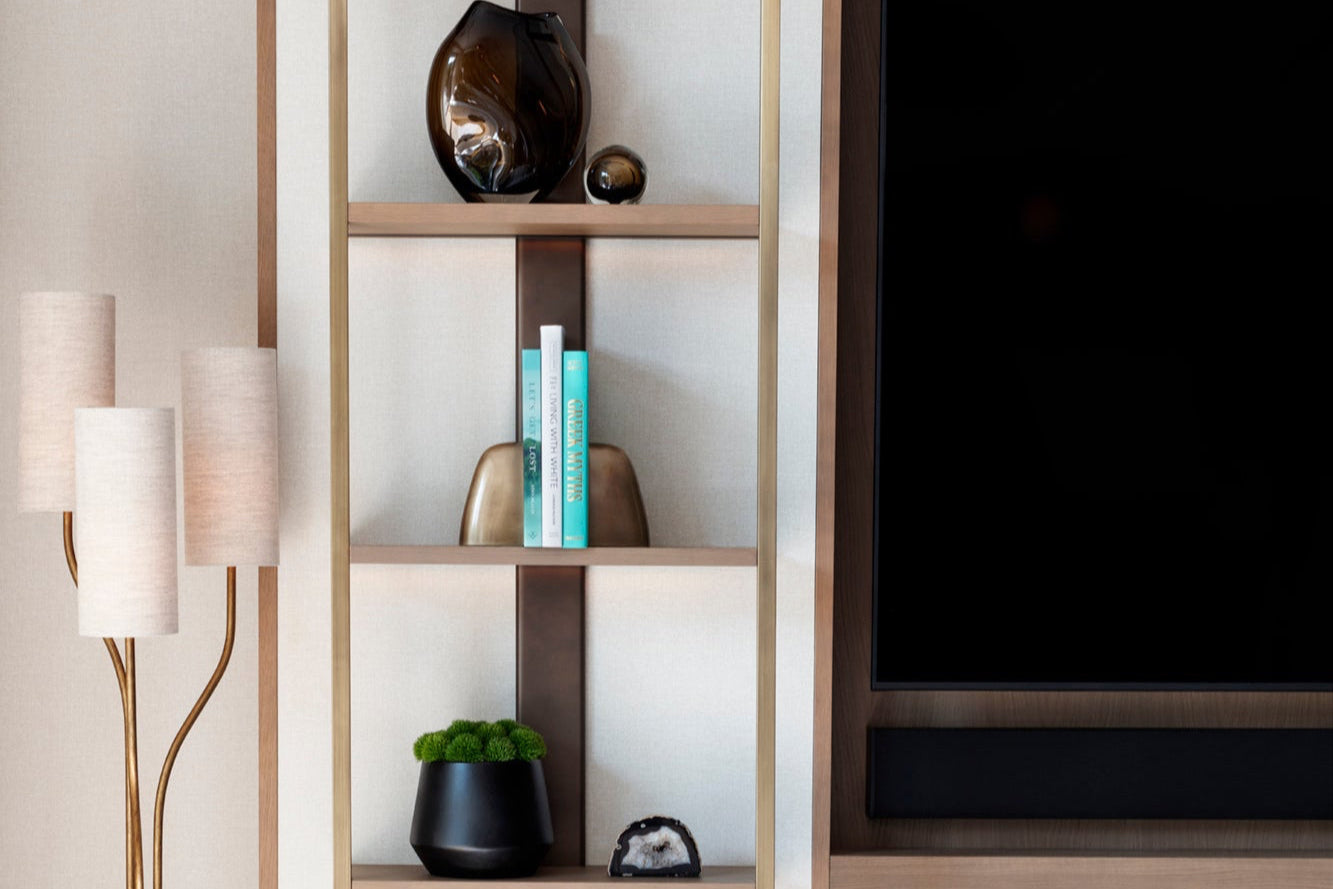 Modern contemporary interior with custom built-in entertainment joinery and furniture, styled by Nineteen Interiors.